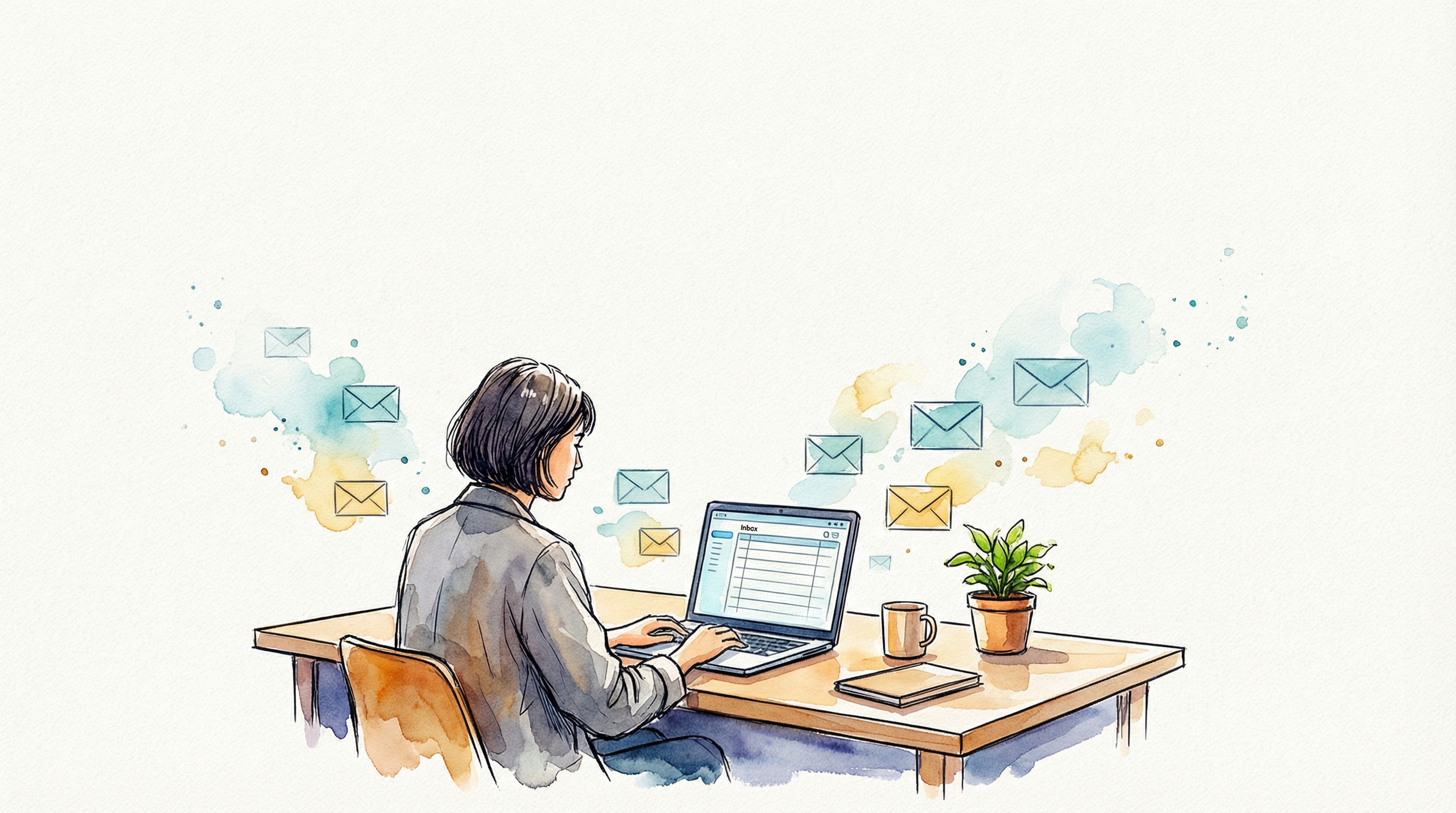 Watercolor illustration of an executive at a clean desk